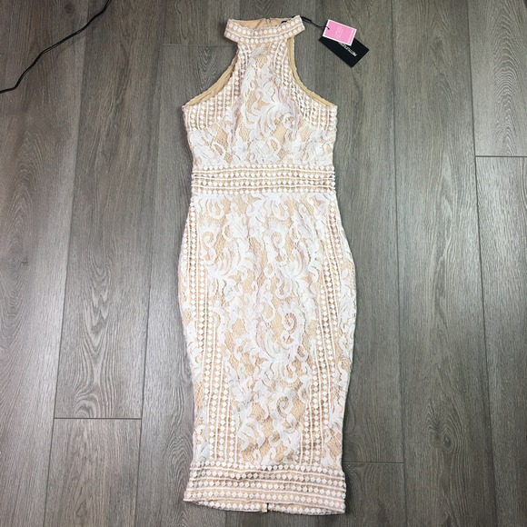 NWT Pretty Little Thing Lace Crochet High Neck Midi Dress White Size 2 - Picture 1 of 7
